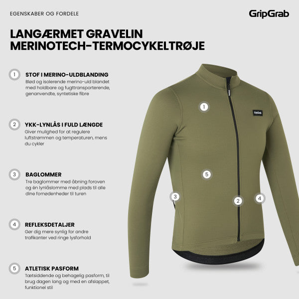 GripGrab Gravelin Termo Cykeltrøje - Merinotech - Olive Green