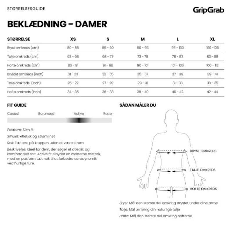 GripGrab Ride Cykelbukser størrelsesguide kvinder