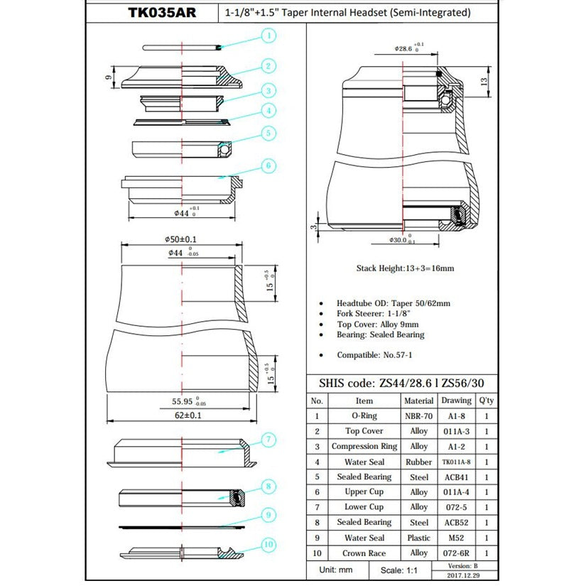 Token TK035AR-Black styrfitting 1-1/8” 44-56mm  Internal Semi Integreret