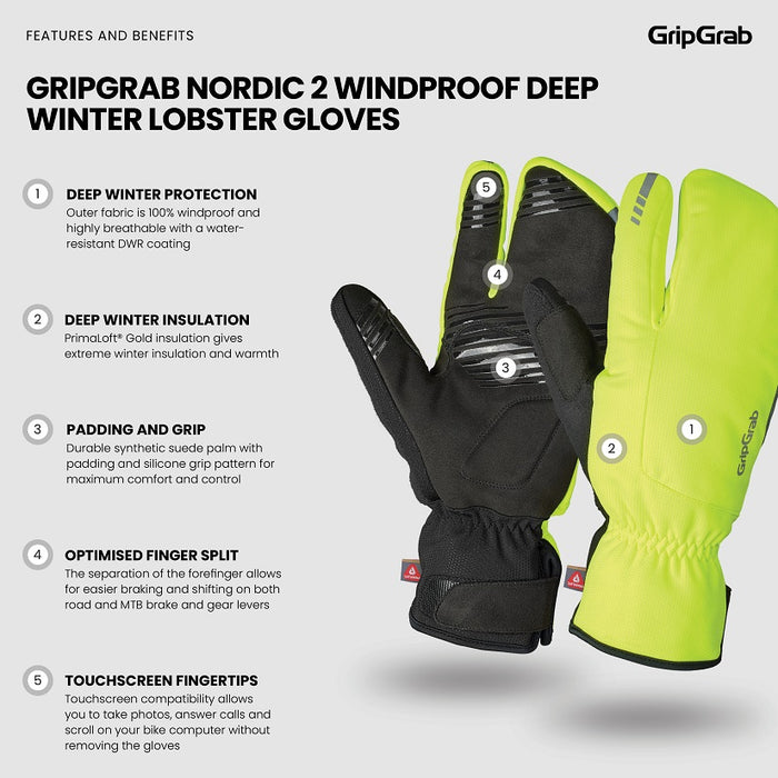 Gripgrab Nordic 2 Windproof Lobster Cykelhandsker - Hi-Vis